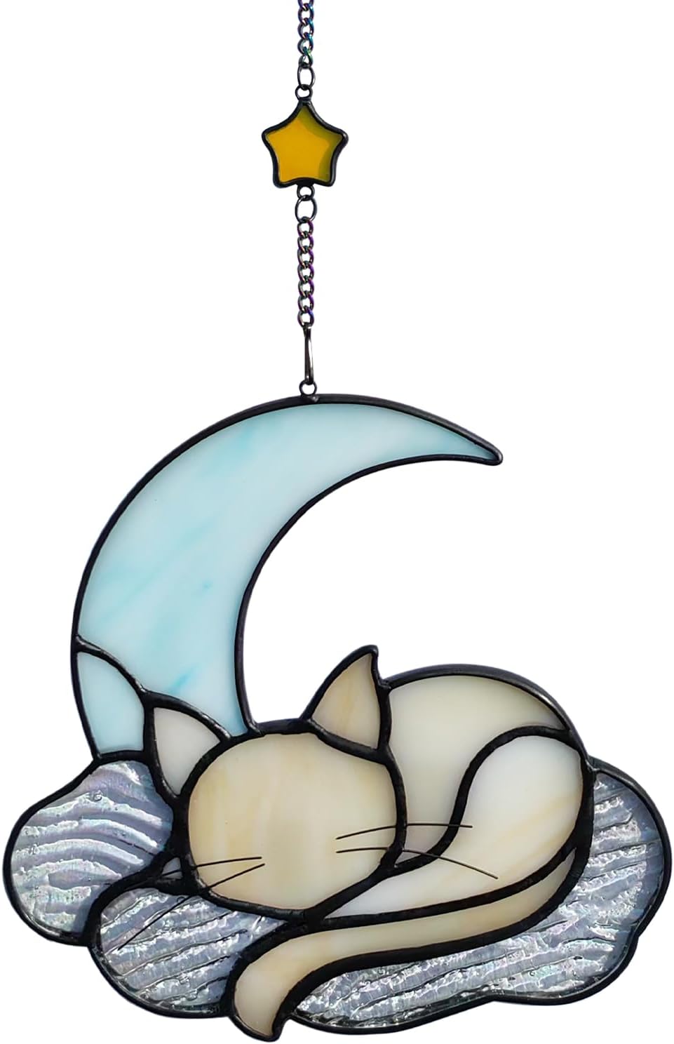 Orange Cat Decor On Blue Moon, Stained Glass Window Hanging, Suncatcher for Windows Panels, Memorial Gift Cat for Lover Loss