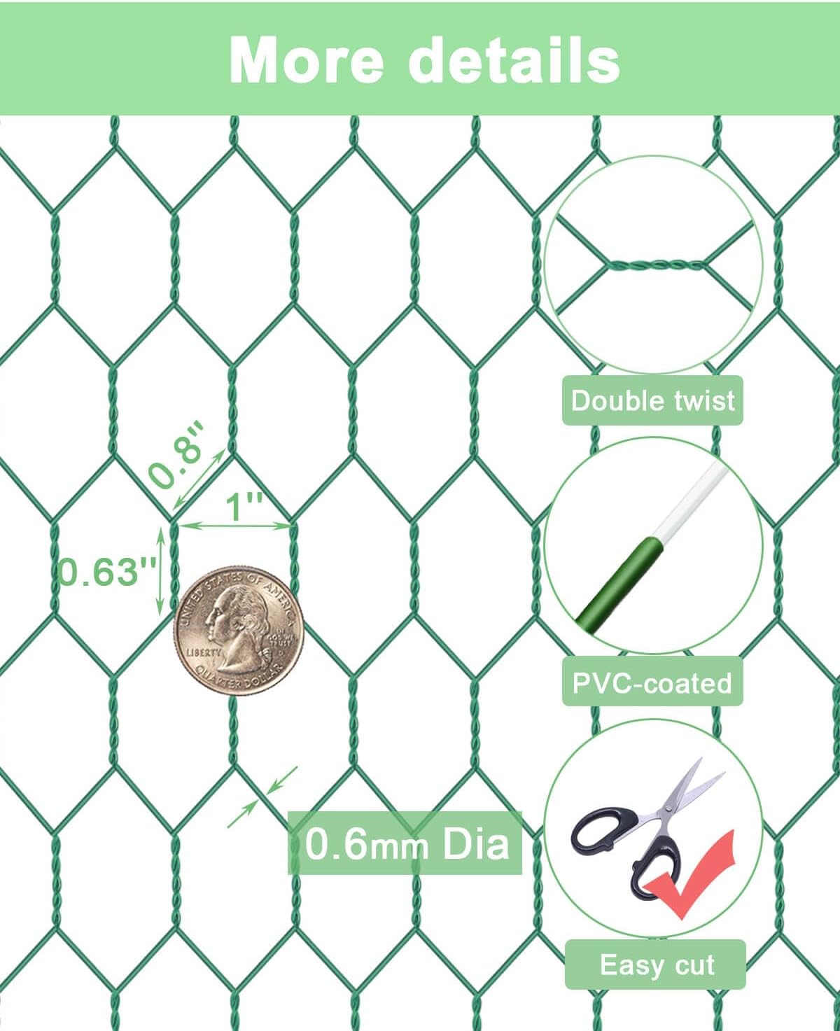Garden Poultry Green Chicken Wire - 16.5 '' × 590 '' Chicken Wire Floral for Crafts, Garden Fence Animal Barrier, 1 inch Mesh Poultry Netting Fence, Pet/Rabbit/Chicken Wire Fencing