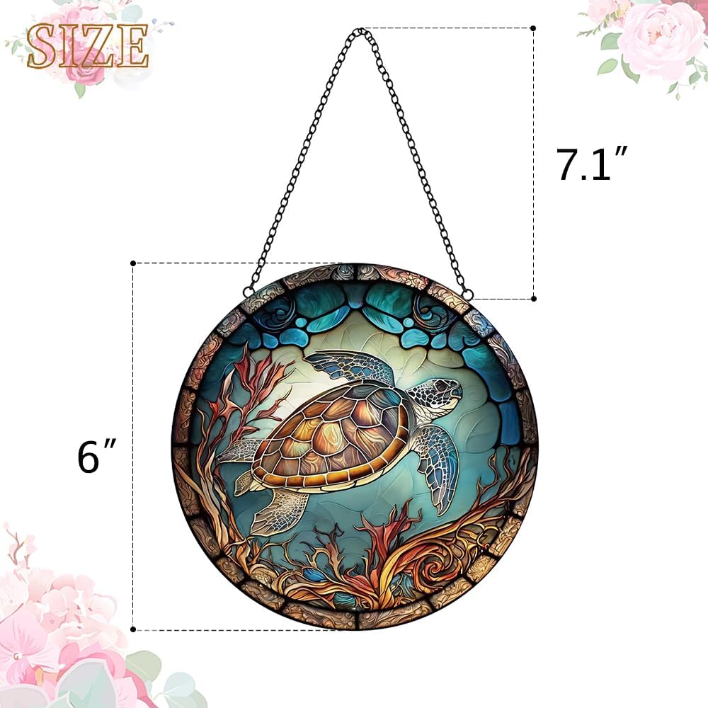 Sea Turtle Decor Suncatcher Stained Glass Window Hanging - Handmade Suncatchers for Windows with Hooks - Sea Art Glass Sun Catcher Indoor Outdoor Garden Mothers Day Birthday Gifts for Mom Grandma