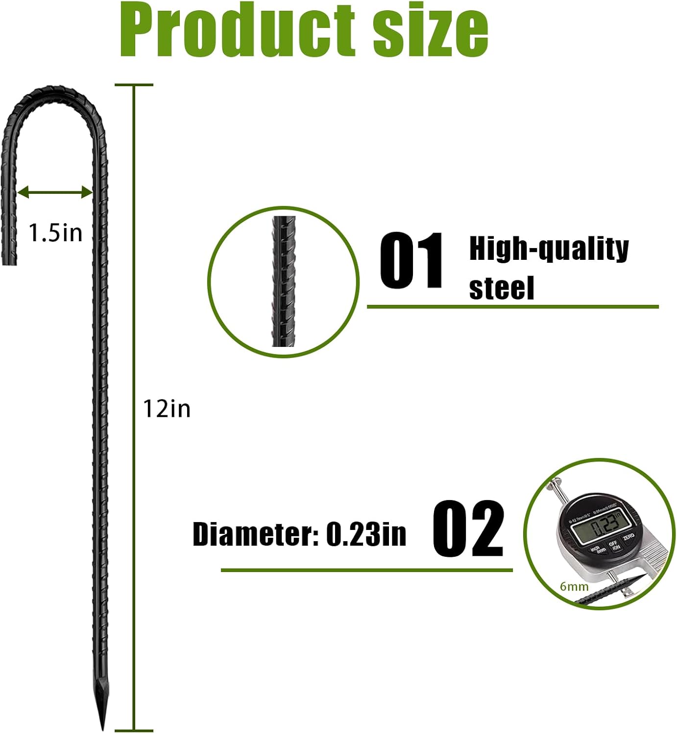 Rebar-Stakes-12Inch,J Hooks Ground Stakes Anchors for Gardening Black Coated Ground Stakes 50pcs Anti-Rust Heavy Duty Dog Fence Fixed Water Pipes Soccer Goals Tent Camping Trampoline