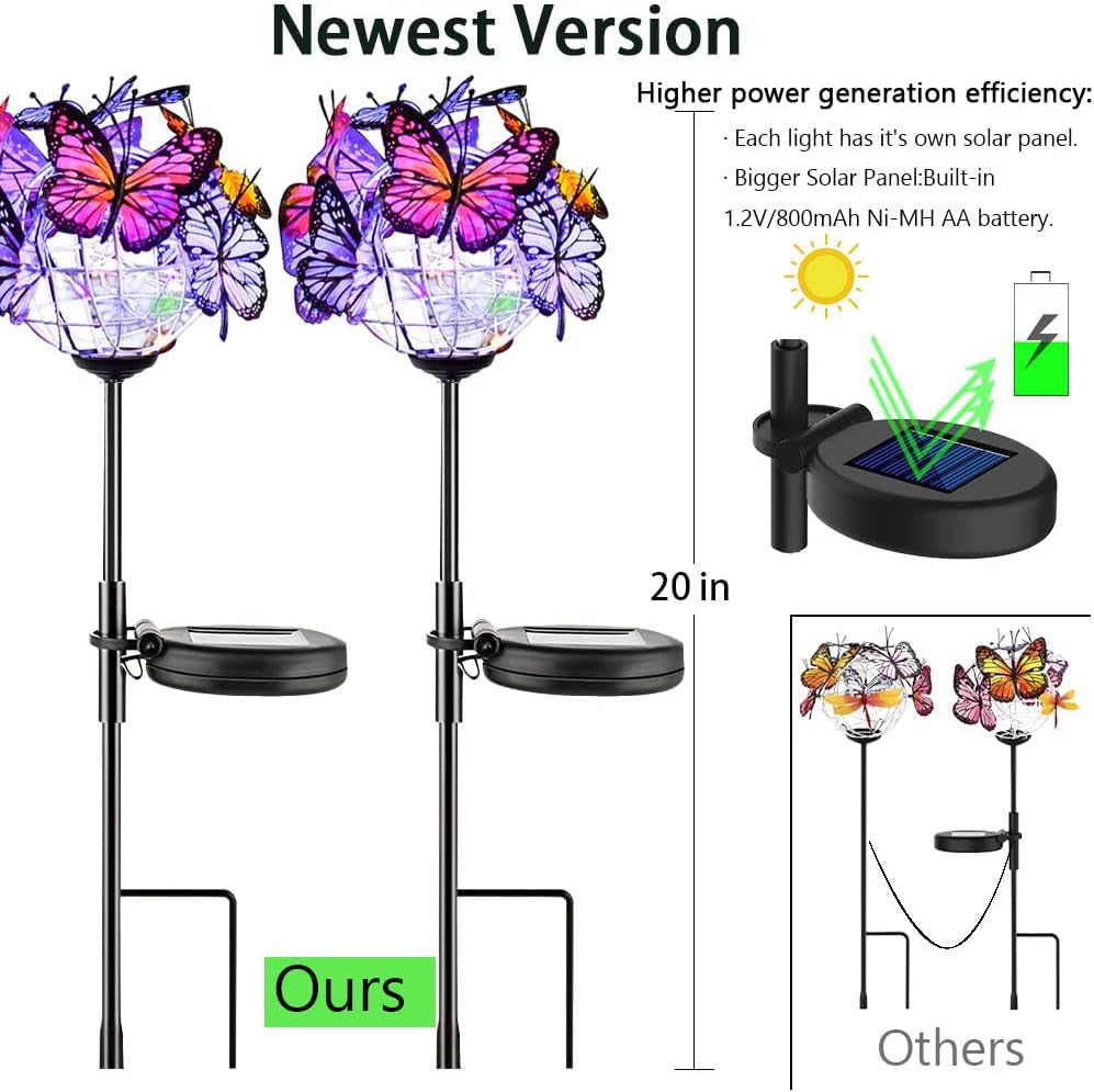 Outdoor Solar Lights 2 Pack, Solar Garden Lights with 18 Butterflies Decoration Outdoor Lamps, Waterproof Butterfly Flower Lights for Patio Yard Lawn Garden Decor, Gifts for Mom Women