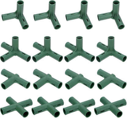 16 Pcs 19mm Greenhouse Frame Building Connectors, 4 Types Pipe Fitting for Grape Trellis/Sunscreen Shed/Gardening Plant Stakes, Greenhouse Accessories [Green]