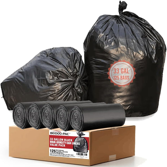 33 Gallon Trash Bags, 125 Count, Black Garbage bags, Multi-purpose Trash Can Bin Liners for Home