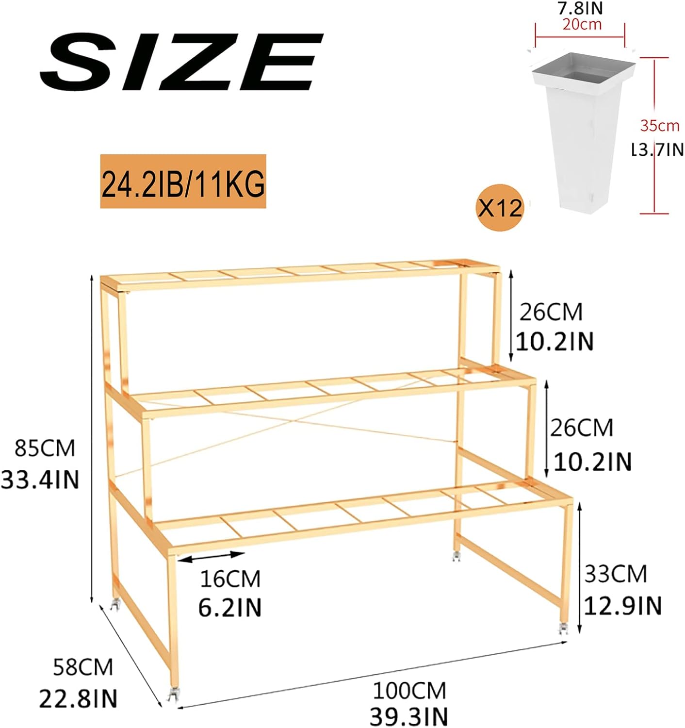 Flower Display Stand With 12PCS Buckets, 3 Layers Metal Plant Stand with Wheels, Heavy Duty Moving Plant Cart Shelf, for Indoor, Outdoor Patio Garden, Living Room, Florist (White - Square Bucket)