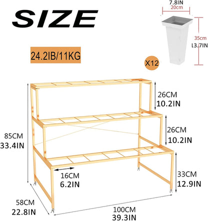 Flower Display Stand With 12PCS Buckets, 3 Layers Metal Plant Stand with Wheels, Heavy Duty Moving Plant Cart Shelf, for Indoor, Outdoor Patio Garden, Living Room, Florist (White - Square Bucket)