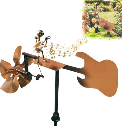 Garden Handmade Metal Rock Band Drummer Guitar Windmill, Kinetic Art Metal Sculpture Wind Spinners, Percussionist Music Rockin Art Figurine, Windmills for Yard Lawn Patio Outdoor Decor (Guitar)