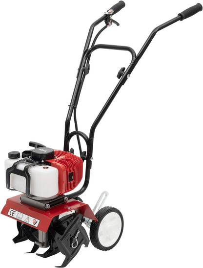 Mini Tiller Cultivator, Powerful 52cc Two-Stroke Single-Cylinder Gasoline Engine, Gear Drive Transmission, Height Adjustable Wheels, for Gardening RED