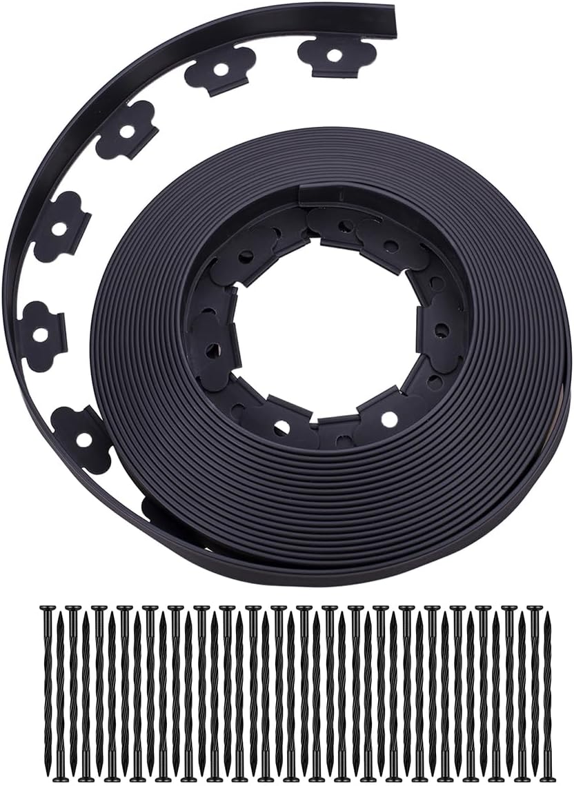 Garden Edging，40FT Landscape Edging with 25 Spikes for Lawn 1.5 Inch Tall (Black, 40FT)