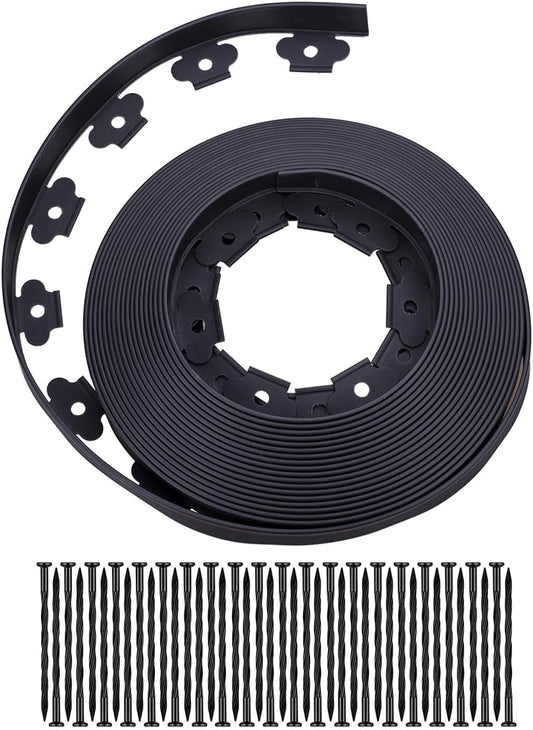 Garden Edging，40FT Landscape Edging with 25 Spikes for Lawn 1.5 Inch Tall (Black, 40FT)