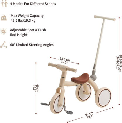 4-in-1 Toddler Tricycle with Adjustable Push Handle for 1-4 Year Old,Birthday Gift and Toy for Boys and Girls Removable Pedals Balance Bike&Scooter (Beige)