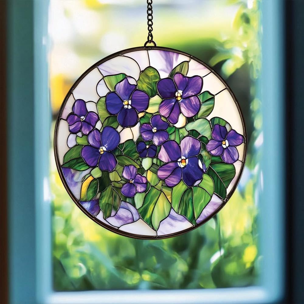 Violets Flower Acrylic Suncatcher Stained Glass Effect Window Car Hanging Christmas Ornament Indoor Outdoor Decor Garden Sun Catcher Panel Gifts for Flower Lover for Women Mom Grandma