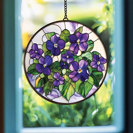 Violets Flower Acrylic Suncatcher Stained Glass Effect Window Car Hanging Christmas Ornament Indoor