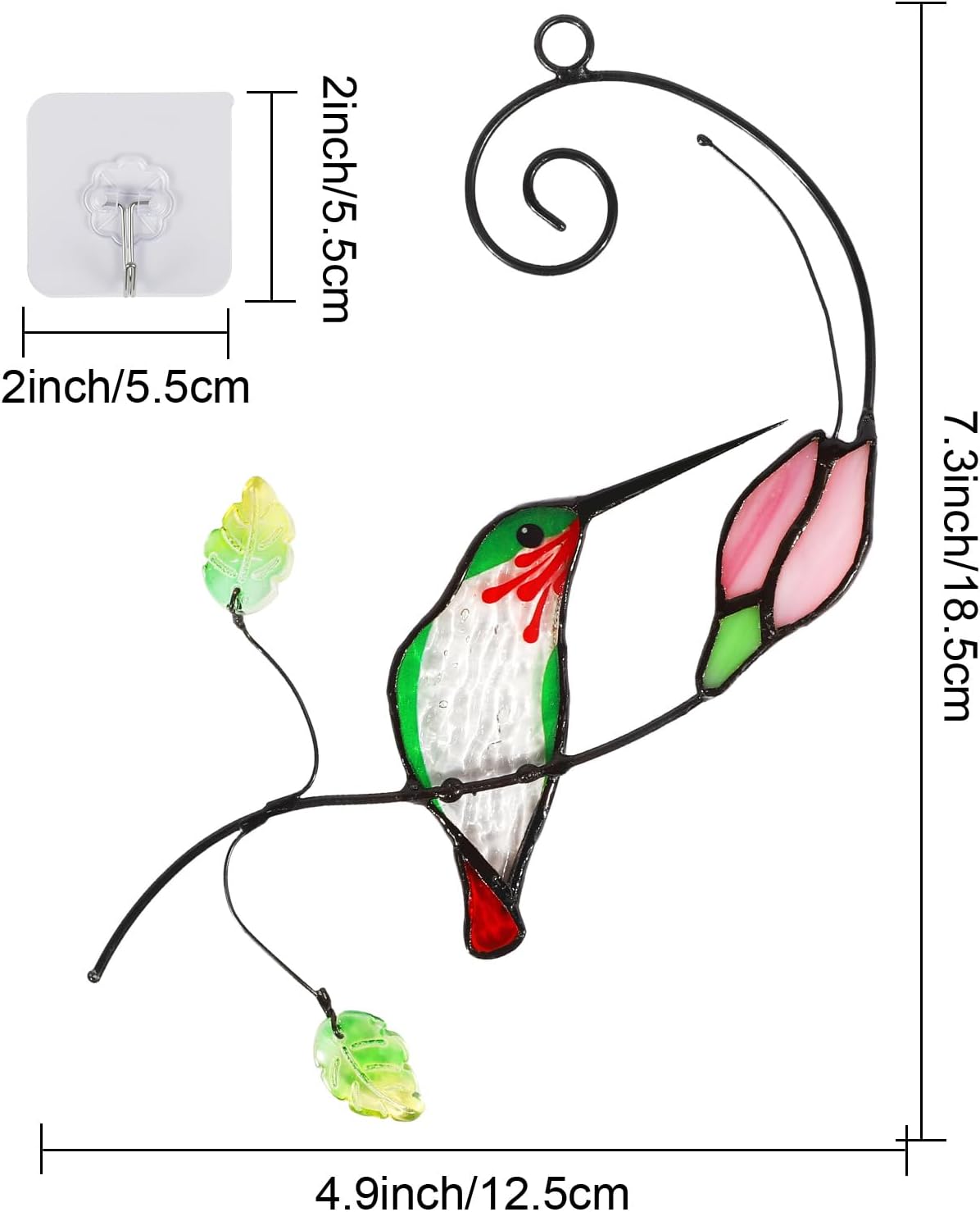 Handmade Stained Glass Hummingbird Suncatcher, Window Hanging Ornament with Flower Design, Indoor Outdoor Garden Decor