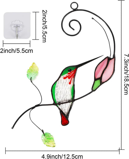 Handmade Stained Glass Hummingbird Suncatcher, Window Hanging Ornament with Flower Design, Indoor Outdoor Garden Decor