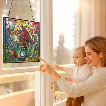 Rectangle Blood Dragon Stained Glass Window Hanging Sun Catcher Halloween Haning Ornament Decoration Christmas Birthday Gifts for Lover, Friends