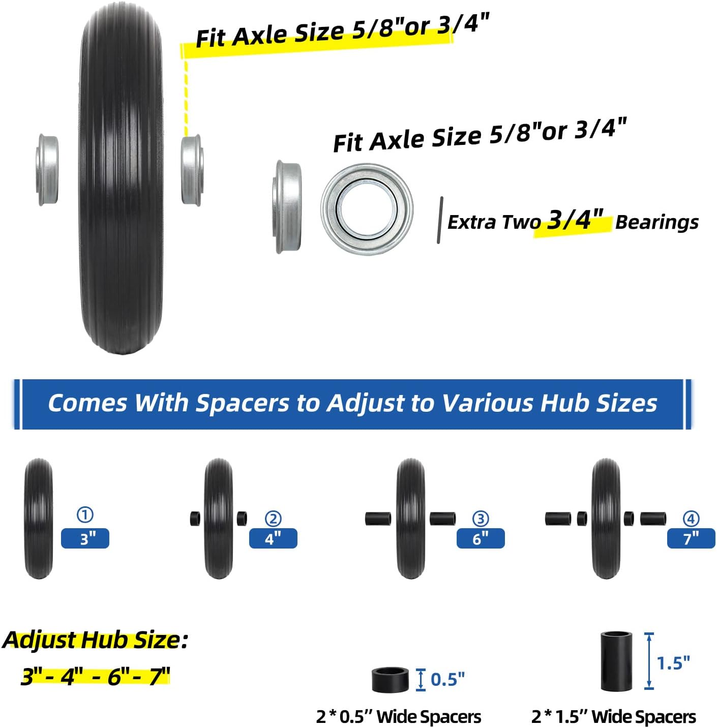 14.5" Wheelbarrow Flat Free Tire, Fits 4.80/4.00-8, 3.50/2.50-8, 4.00-6, 4.00-8, Wheelbarrow Wheels, 5/8" Bearing with Extra 3/4" Bearing, 3" -6" Centered Hub