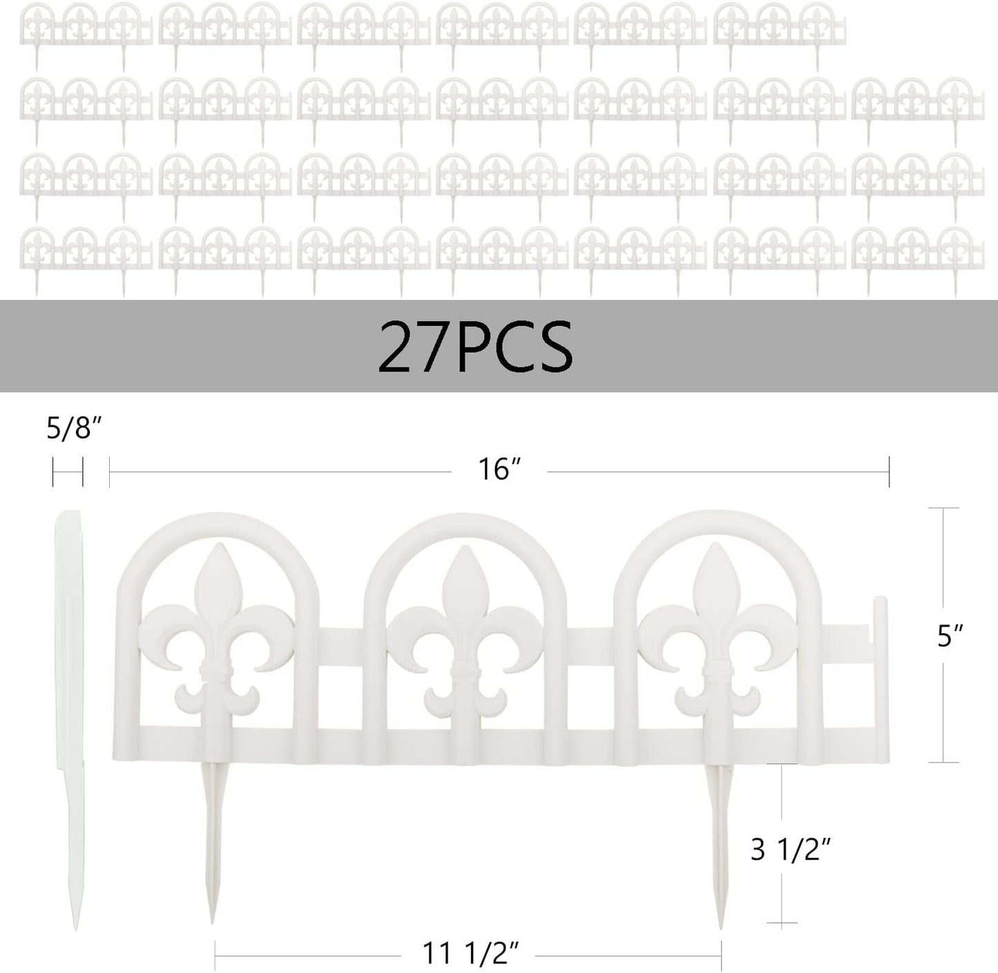 Evelyne White Garden Border Plastic Edging: Wrought Iron Design - 27pcs White Yard Landscaping Fence Liner Lawn Edge Barrier - 35ft Kit of Decorative Lawn Landscape Panels Elements
