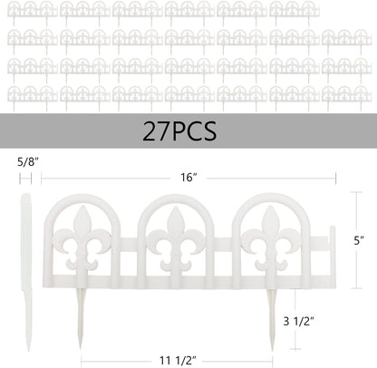Evelyne White Garden Border Plastic Edging: Wrought Iron Design - 27pcs White Yard Landscaping Fence Liner Lawn Edge Barrier - 35ft Kit of Decorative Lawn Landscape Panels Elements