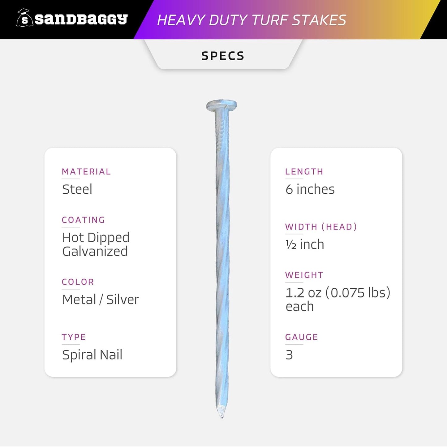 Sandbaggy 6" Heavy Duty Galvanized Artificial Turf Stakes - Spiral Landscape Nails - Ground Spikes/Pins - Synthetic Grass, Lawn, Edging, Weed Barrier Fabric, Garden (6 inch - Heavy Duty, 200, Count)