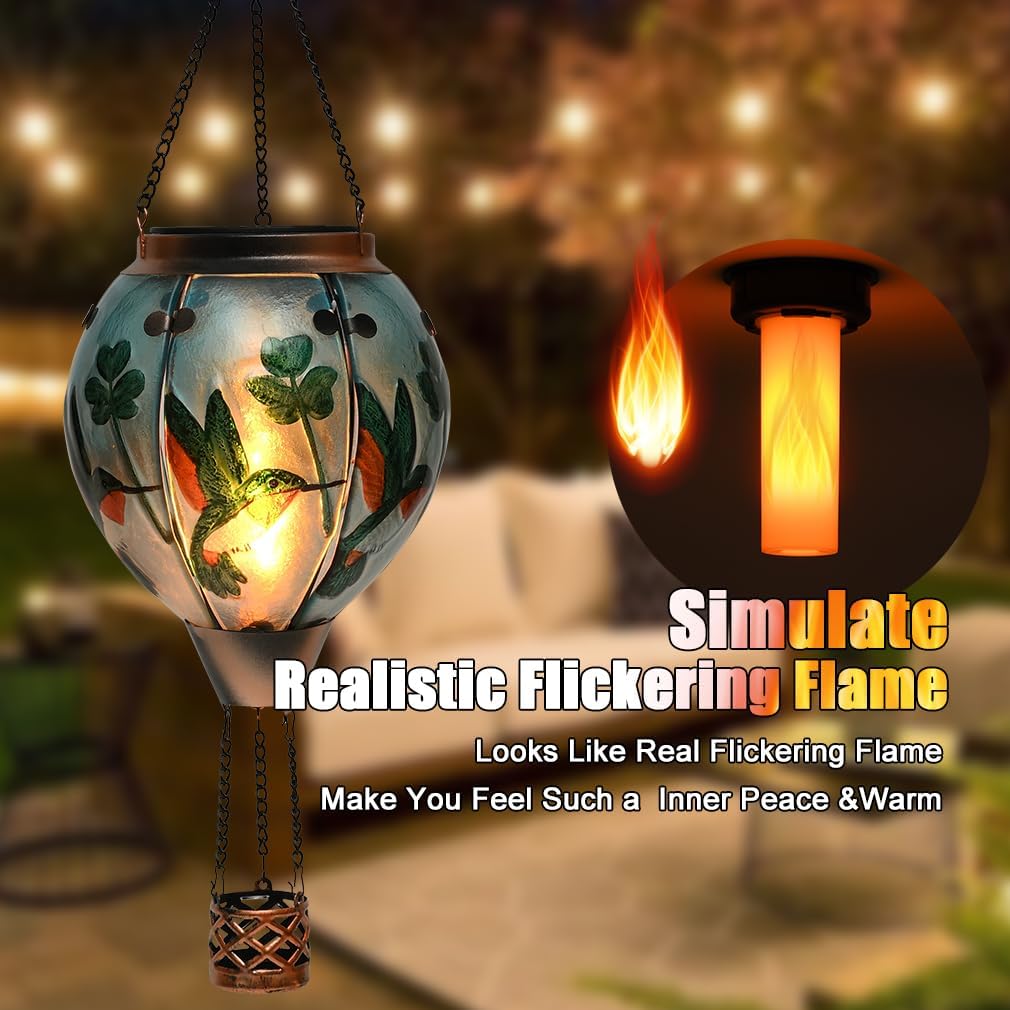 Hot Air Balloon Solar Lantern - Hummingbird Glass Lantern, Simulated Flickering & Dancing Flame, Outdoor Hanging Shamrock Yard Light Waterproof IP65 for Patio Lawn Porch Decor Irish Gift