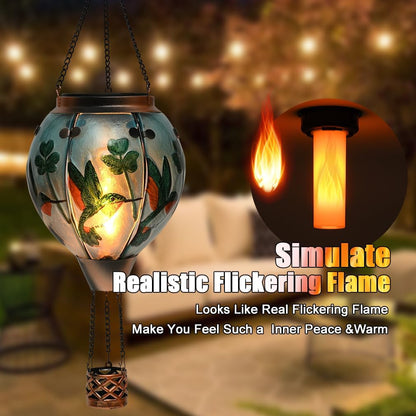 Hot Air Balloon Solar Lantern - Hummingbird Glass Lantern, Simulated Flickering & Dancing Flame, Outdoor Hanging Shamrock Yard Light Waterproof IP65 for Patio Lawn Porch Decor Irish Gift