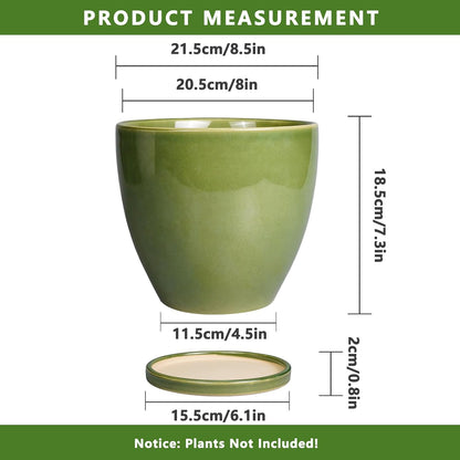 8 Inch Planter - Ceramic Plant Pot with Drainage Hole and Tray Round Planters Modern Flower Pot for Room Home Office Patio Porch Garden Decor Green