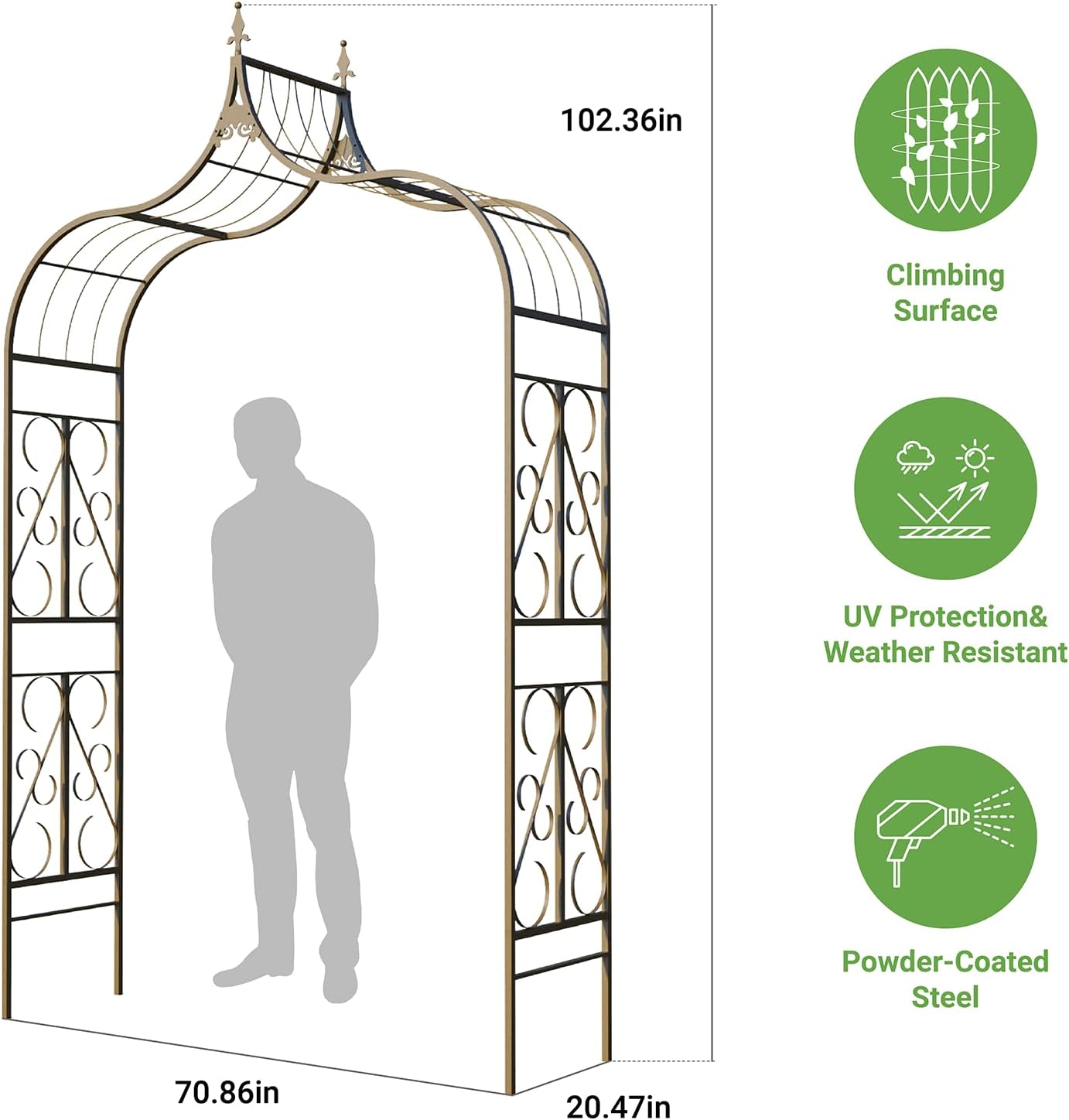 Metal Garden Arbor, 102.36” Tall Wrought Iron Archway for Climbing Plants & Flowers, British-Style Garden Trellis (Black)