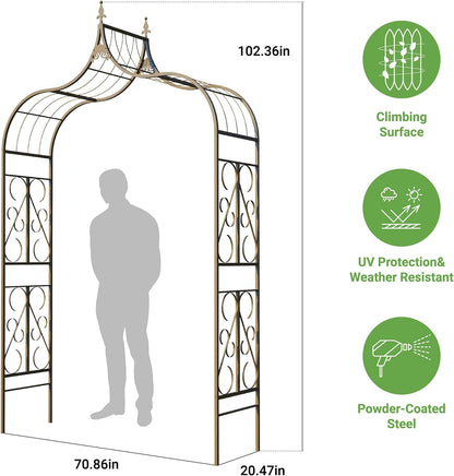 Metal Garden Arbor, 102.36” Tall Wrought Iron Archway for Climbing Plants & Flowers, British-Style Garden Trellis (Black)