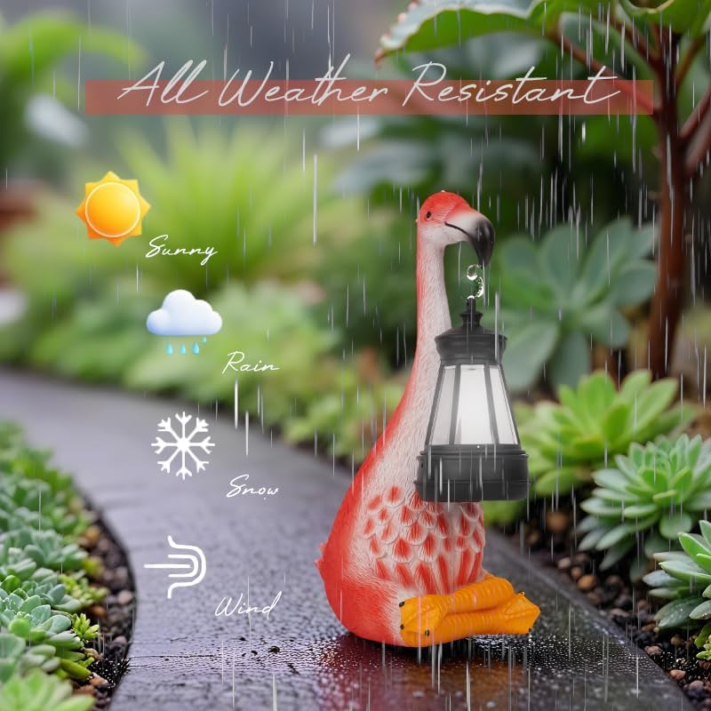 Flamingo Garden Statues with Solar Lantern, Outdoor Figurine Resin Sculpture Hanging Solar Power Lights for Decoration Yard Patio Balcony Lawn Ornament Art Decor, Unique Gift for Grandma Wowen Mom