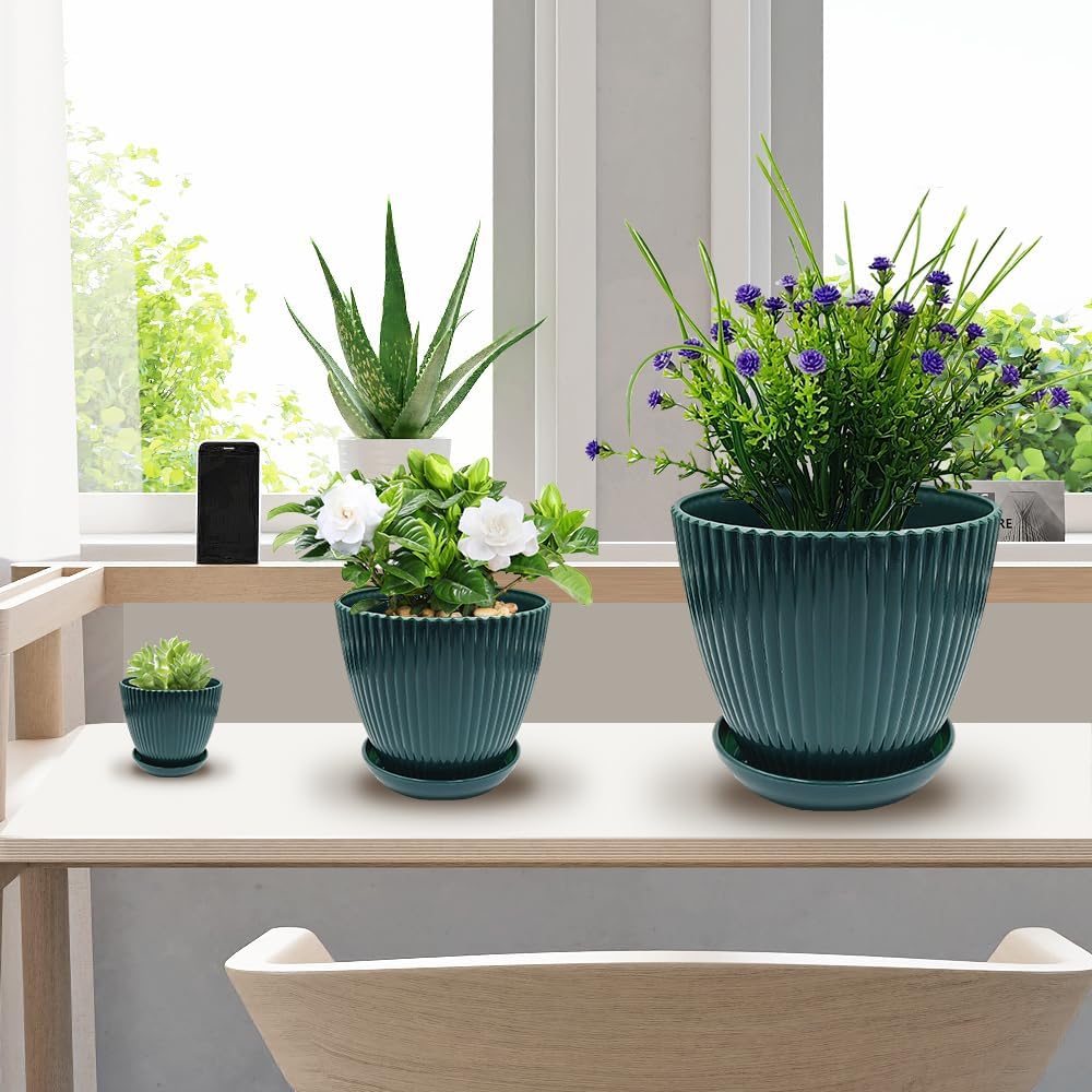 7.5/6.5/5.5/4.9/4.2/3.5 Inch Plant Pots with Saucers & Drain Holes - Indoor/Outdoor Flower Pots for Succulents, Herbs, Cactus - Modern Lightweight Durable Planter Set, Dark Green