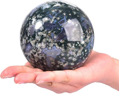 Large Moss Agate Crystal Sphere Natural Healing Crystal Ball with Stand Meditation Decorative Balls Home Decor 90-100mm/3.5-3.9"