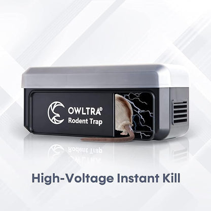 OWLTRA OW-7 in-/Outdoor Electric Rodent Trap, Instant Kill Mouse & Rat Zapper with Waterproof Cover, Sound & Light Alarm, and Batteries or USB Power Source, Waterproof Grade IPX4, Black