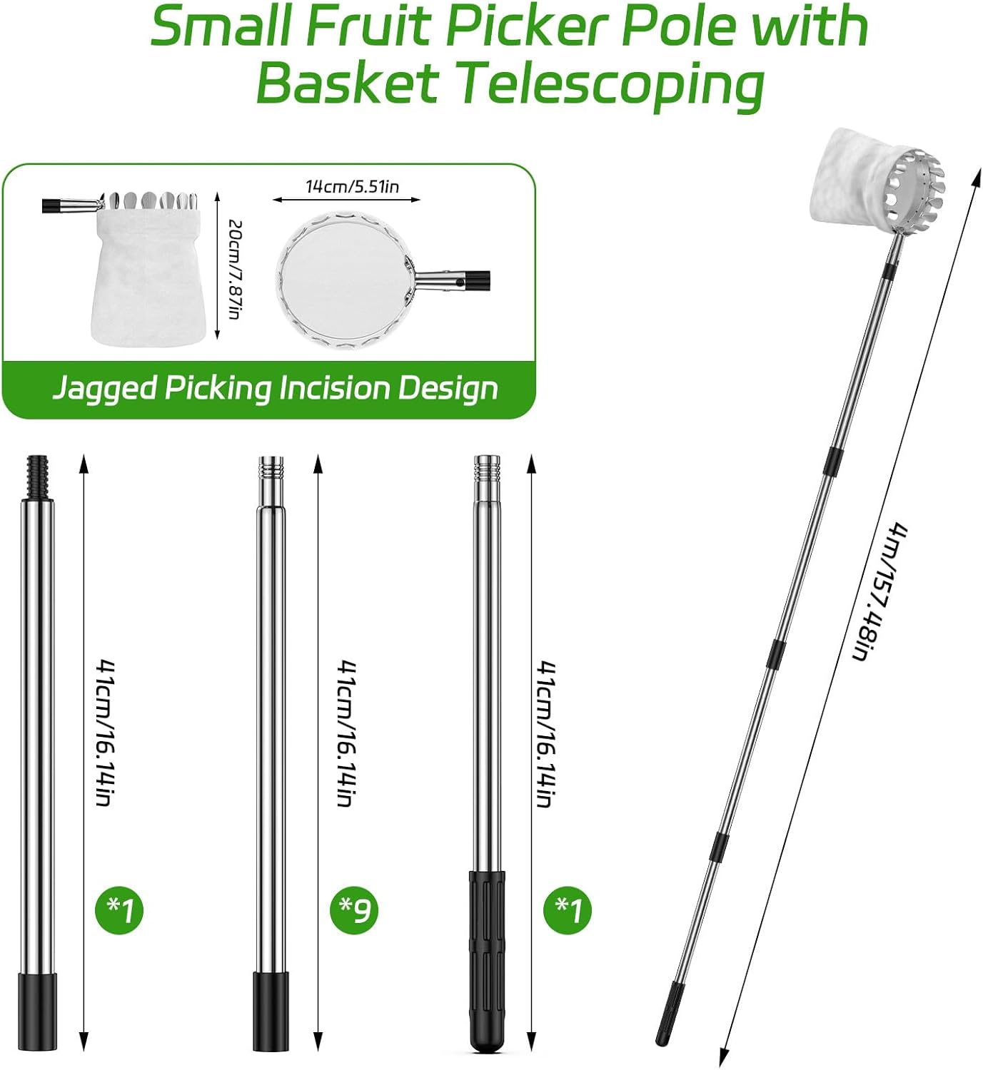 13.8 FT Fruit Picker Tool with Stainless Steel Pole & Soft Basket – Adjustable Tree Fruit Harvester for Apple, Mango, Avocado, Orange, Pear, Lemon & More – Lightweight & Rust-Resistant