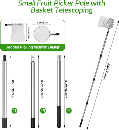 13.8 FT Fruit Picker Tool with Stainless Steel Pole & Soft Basket – Adjustable Tree Fruit Harvester for Apple, Mango, Avocado, Orange, Pear, Lemon & More – Lightweight & Rust-Resistant