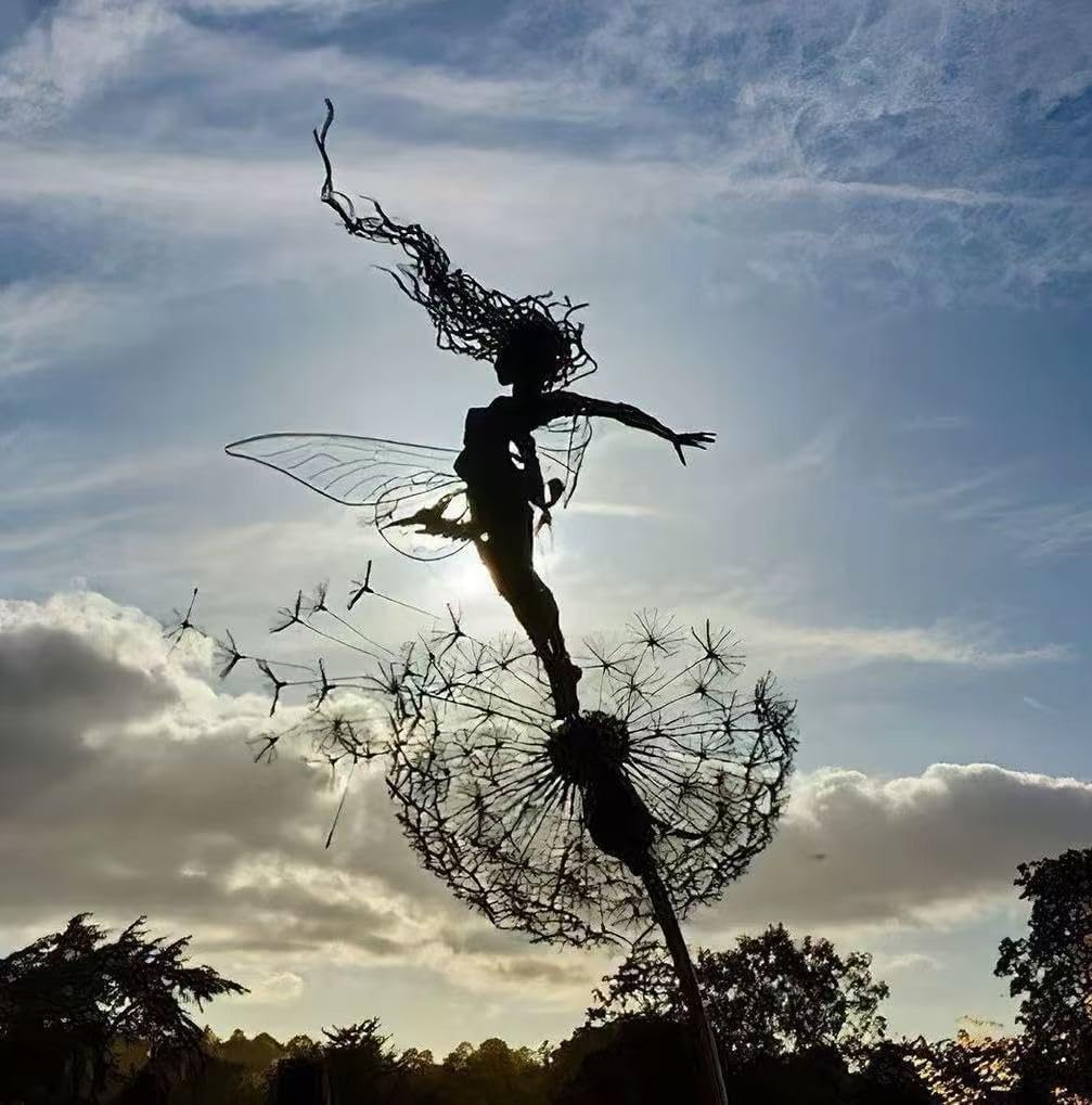 Flower Fairy Dancing with Dandelion, Art Sculpture Fairies for Fairy Garden, Angel Metal Ornaments Gardens Art Sculpture, Outdoor Decorations for The Courtyard, Christmas and Halloween Lawn (G)