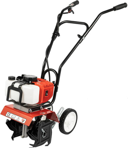 Garden Tiller Cultivator,52CC 2-Stroke Gas Powered Engine Rototiller Garden Tool with Widened Mud Flap Cordless with Long Handle Strong Power Garden Cultivator for Plowing Turning Soil Ditching
