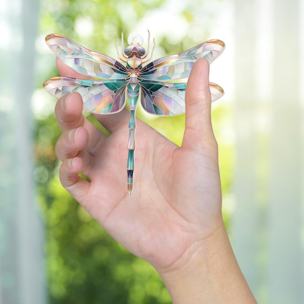 Dragonfly Ornament Stained Glass Style – Acrylic Window Hanging Suncatcher, Car Rearview Mirror Charm, Whimsical Holiday Christmas Tree Ornament, Unique Dragonfly Gifts for Women, Mom, Teacher(Sun-13)