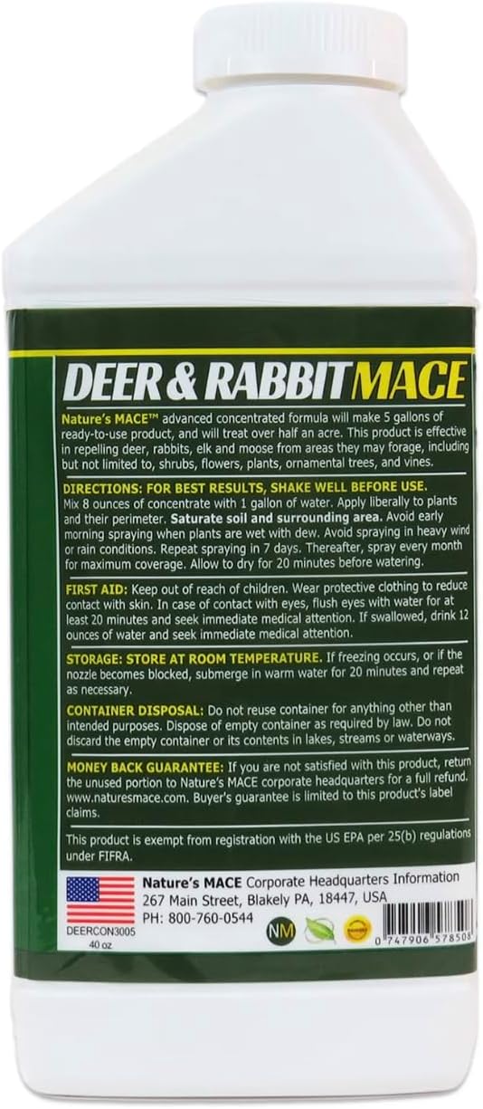 Nature’s MACE Deer and Rabbit Mace, Deer Repellent Spray, Plants, Lawns, Flowers, Gardens, Deer Repellent Spray, Keep Deer Out, Deterrent, All-Season Protection, 1 Gallon Concentrate, Treats 2 Acres