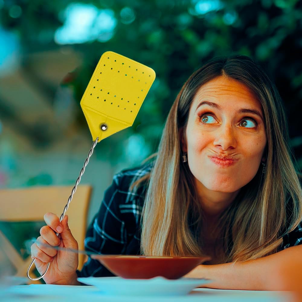 Leather Fly Swatter 2 Pack with 5 Window Fly Traps - Heavy Duty Fly Swatter Manual, Retractable Indoors Outdoors, Large Swatters Multi Pack Long Handle, MATA Moscas