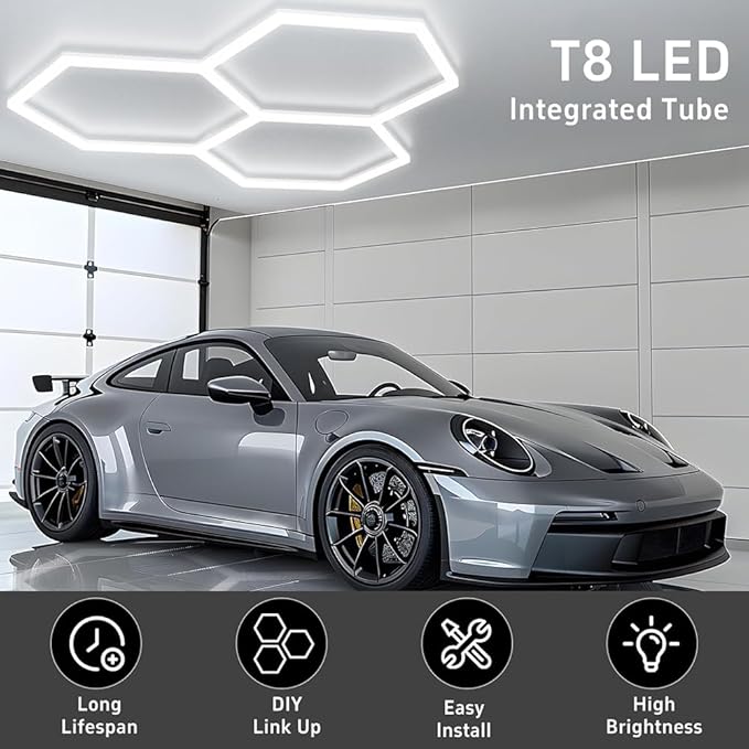Modern Hexagon Led Garage Light: 720W 86400 Lumens, 6500K for Garage, Basement, Warehouse, Auto Beauty Shop, Car Detailing Shop
