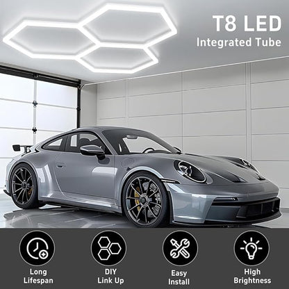 Modern Hexagon Led Garage Light: 720W 86400 Lumens, 6500K for Garage, Basement, Warehouse, Auto Beauty Shop, Car Detailing Shop