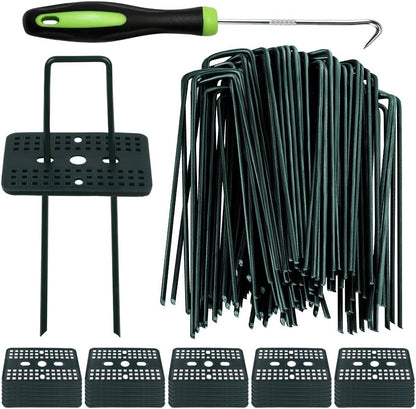 Bakulyor 100 Pcs Green Artificial Turf Stakes Anchor + 100 Pcs Buffer Washer, 6 Inch 11 Gauge Landscape Staples, Galvanized Lawn Spikes, Heavy Duty Yard Ground Pin for Grass Weed Barrier Sod Fabric
