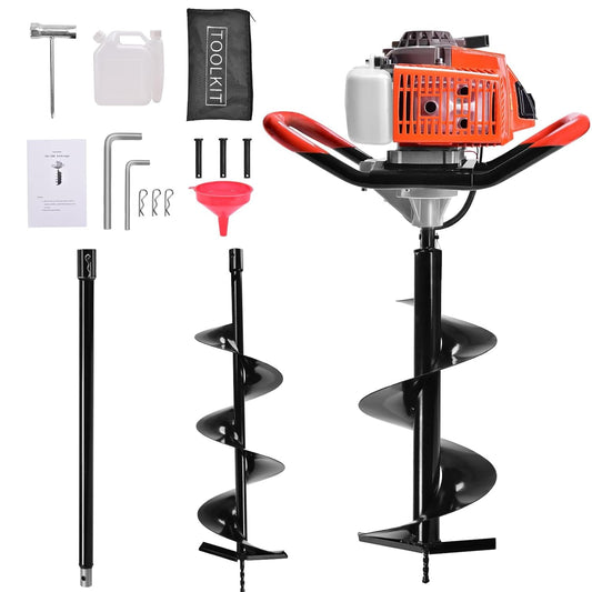 72CC Post Hole Digger, 2 Stroke Auger Post Hole Digger Gas Powered with 2 Augers Drill Bits 6" 8"+1