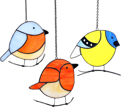 3 Pack Birds Stained Glass Suncatchers, Handmade Window Hanging, Cute Sun Catchers, Indoor Outdoor Decoration, Gifts for Women Men Bird Lover Gardener, 3 Removable Hangers Given