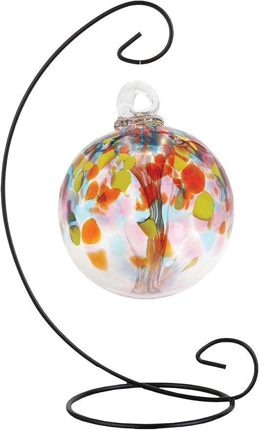 Dale Tiffany AC23214-D4 Rainbow Tree of Life Hand Blown Art Glass Ornament Witch Globe Gazing Ball, Eden, 4" Diameter with Hanging Stand