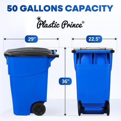 50 Gallon Trash Can, Blue Outdoor Garbage Can, Wheeled Outside Recycling Bin, Outdoor Trash Can with Lid and Wheels, Large Rolling Waste Container for Home, Office, Garage