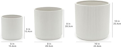 Amazon Basics Assorted Sizes Fluted Ceramic Round Indoor Outdoor Planters with Drainage, Set of 3, Modern Design, 6-Inch, 8-Inch, 10-Inch, White