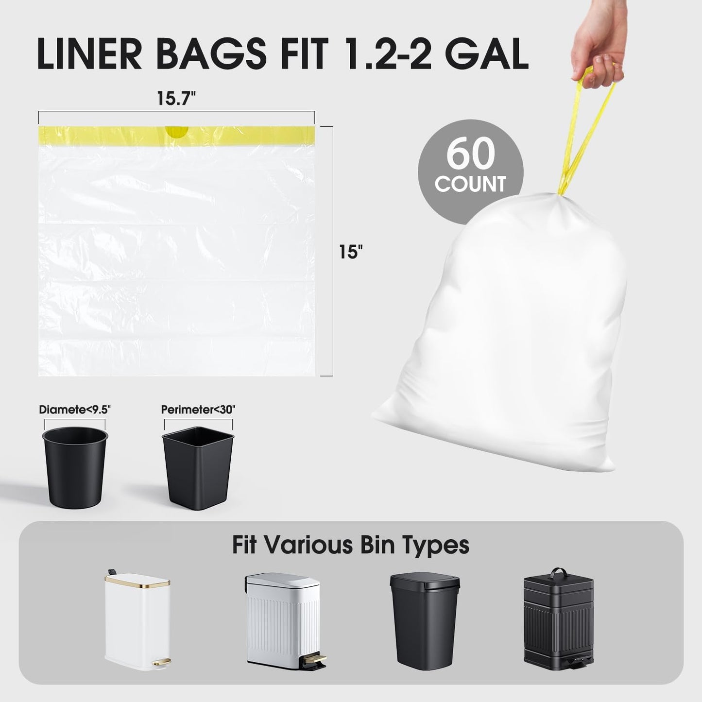 CEROELDA 1.6 Gallon Small Trash Bags, 60 Count Mini Drawstring Garbage Bags Unscented fit 4.5-8 Liter, 1.2-2 Gallon Thick Plastic Wastebasket Liners for Bathroom Bedroom Office Toilet
