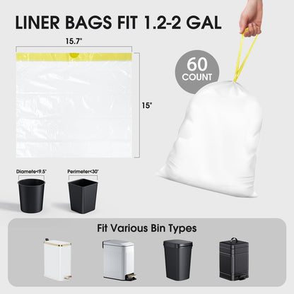 CEROELDA 1.6 Gallon Small Trash Bags, 60 Count Mini Drawstring Garbage Bags Unscented fit 4.5-8 Liter, 1.2-2 Gallon Thick Plastic Wastebasket Liners for Bathroom Bedroom Office Toilet