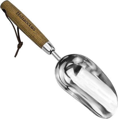 Haliaeetus Potting Soil Scoop, Bend-Proof Stainless Steel Garden Scoop, 1 Cup Big Volume Garden Hand Shovel, Comfortable Wood Handle Dirt Trowel for Transplanting, Cultivation, Composting and Planting